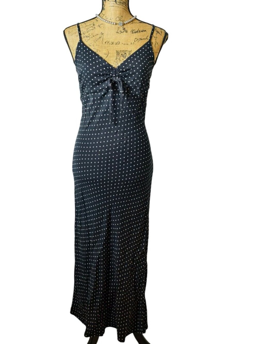 Wild Fable M Slvless Maxi Dress Y2k Black White Polka Dot Princess Shirred Bow